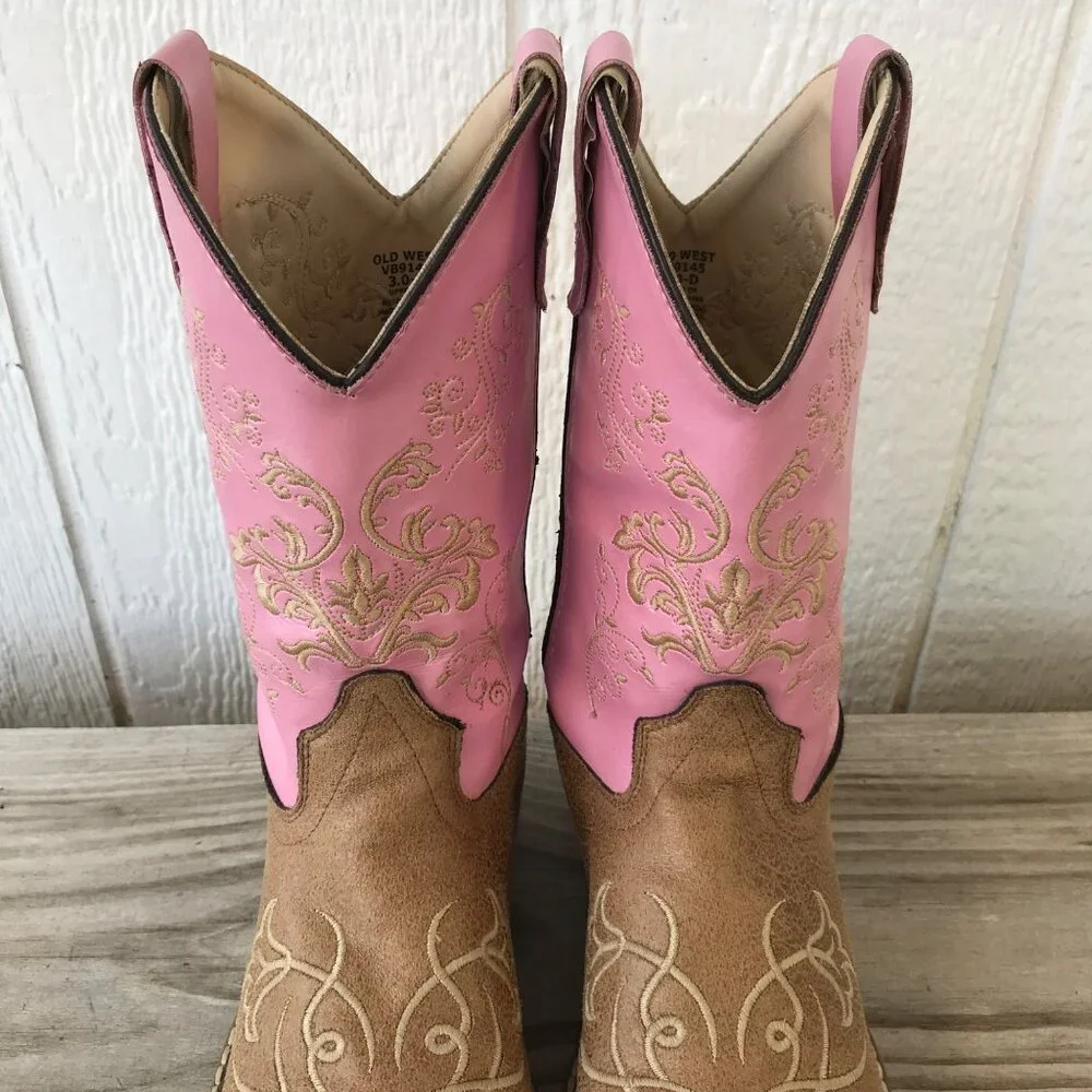 Old West Girls Kid Tan Leather and Pink Western Boots 3.0 D